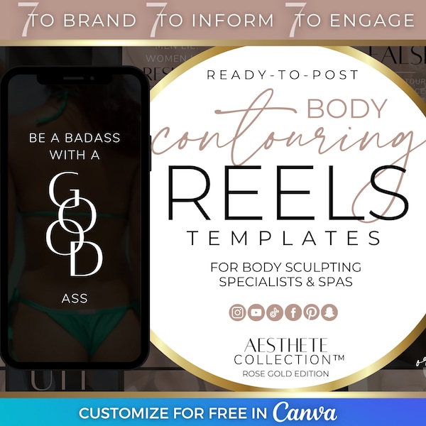 Body Sculpting Reels Videos, Body Contouring Marketing Templates, Esthetics Canva Templates, Rose Gold Luxury Esthetician Post Kit