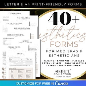 Med Spa & Esthetician Forms, Aesthetics Canva Templates, Photo Release Form, Facial Consent Waivers, Lash Design Consultation Forms