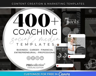 400+ Coaching Social Media Templates, Aesthetic Instagram Posts, Luxury Marketing Templates, Professional Gray/Silver Branding Kit