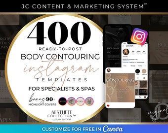 Body Contouring Instagram Posts, Body Sculpting Social Media Marketing Kit, Luxury Esthetician/Aesthetician Branding Templates, Black & Tan