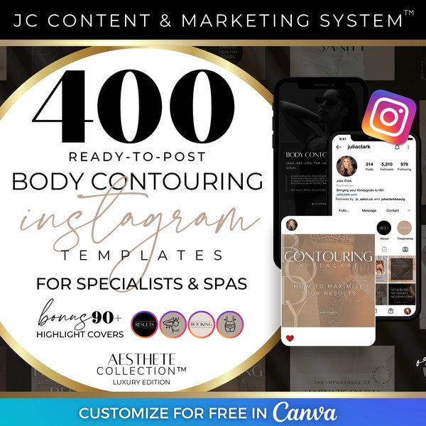 Body Contouring Instagram Posts, Body Sculpting Social Media Marketing Kit, Luxury Esthetician/Aesthetician Branding Templates, Black & Tan