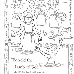 May include: Black and white line drawing depicting a religious scene with multiple figures in robes, including one being baptized. Text includes "Behold the Lamb of God" and biblical references.
