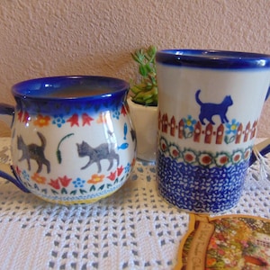 Set of 2 Polish Pottery Mugs: Discontinued Boo Boo Kitty Stoneware