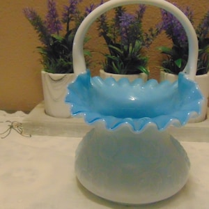 Beautiful Fenton Milk Glass and Blue Basket with Grape Leaves