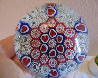 Vintage Paperweight with Millefiori Design with red and blue hearts and floral pattern.