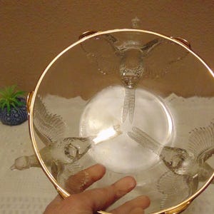 Vintage Jeanette Glass Clear Pheasant footed Candy dish with gold trim.