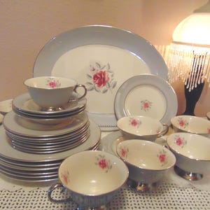 Vintage Flintridge China Serving Set: Gray, Silver & Roses - Etsy