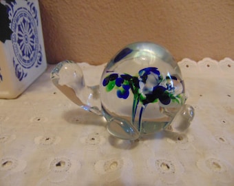Darling vintage blown glass Turtle Paperweight with blue, green and white flowers- made in Taiwan for Karen Carson Creatures.