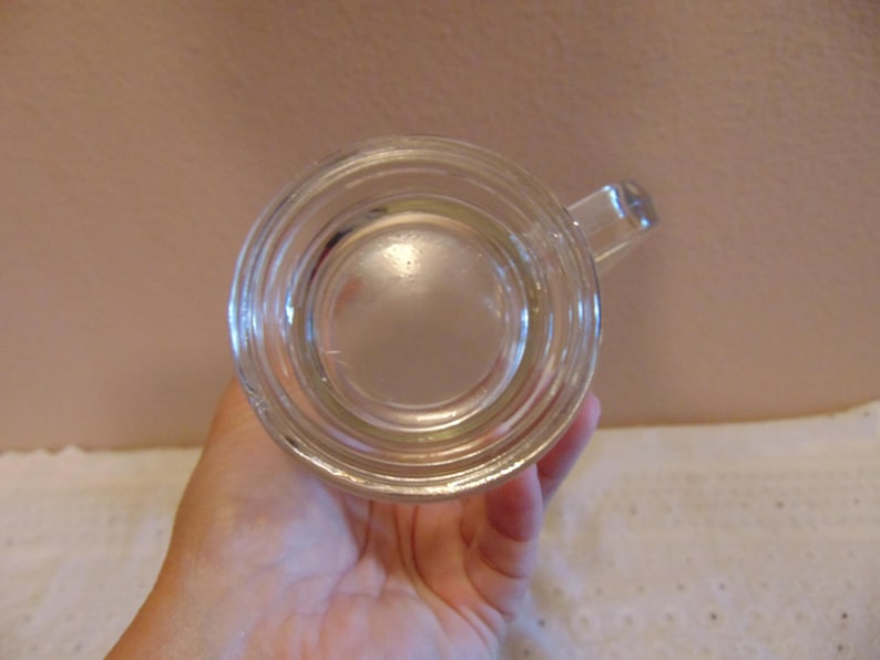 May include: A clear glass mug viewed from directly above, showing a circular base with concentric ring indentations and a small handle extending from the side. The glass is transparent, revealing the smooth, reflective surface of the bottom.