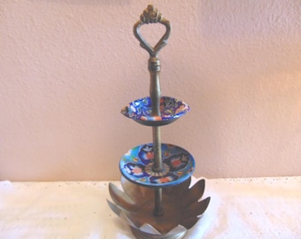 Vintage Brass Lotus Jewelry Stand: Enamel Floral Decor
