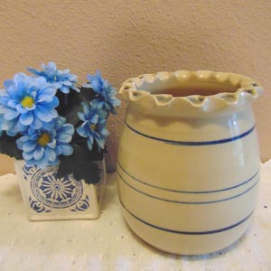 Beautiful Hand Made Pottery Crock Stoneware by Marshal Pottery Texas- Cobalt blue lines with ruffled top edge.