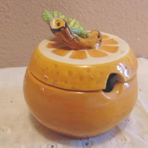 Vintage 1970's Ceramic Orange Honey Pot with Majolica Leaf Lid, Made Spain
