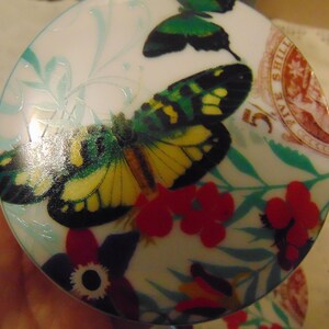 Pu&ograve; includere: Coperchio decorativo rotondo e bianco con un motivo a farfalla con ali gialle, verdi e nere. Fiori rossi e foglie verdi circondano la farfalla. Il coperchio presenta anche un design di francobollo vintage.