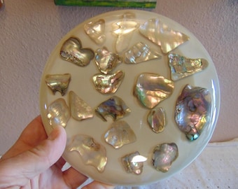 Vintage 1970's MCM Trivet features Abalone Shell embedded in Lucite by New Designs, Inc.
