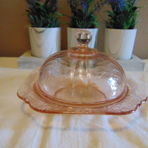 Beautiful Vintage Pink Depression Glass Covered Cheese Dish