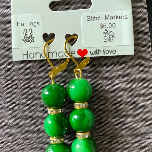 Pretty Green and Gold Stitch Markers for knitting and crocheting, end marker, row marker, progress keepers, gift for crafter, earrings