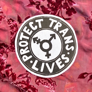 Könnte beinhalten: Ein kreisförmiger schwarz-weißer Aufnäher mit dem Text PROTECT TRANS LIVES in einer fetten serifenlosen Schrift, der ein zentrales Transgender-Symbol umgibt. Das Design ist auf weißem Grund mit einem dünnen schwarzen Rand gedruckt und kontrastreich.