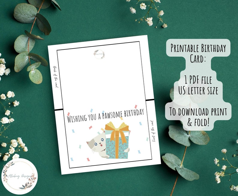 Printable Birthday Card ~ Instant Download ~ 7x5 Pawsome Birthday Cat ...