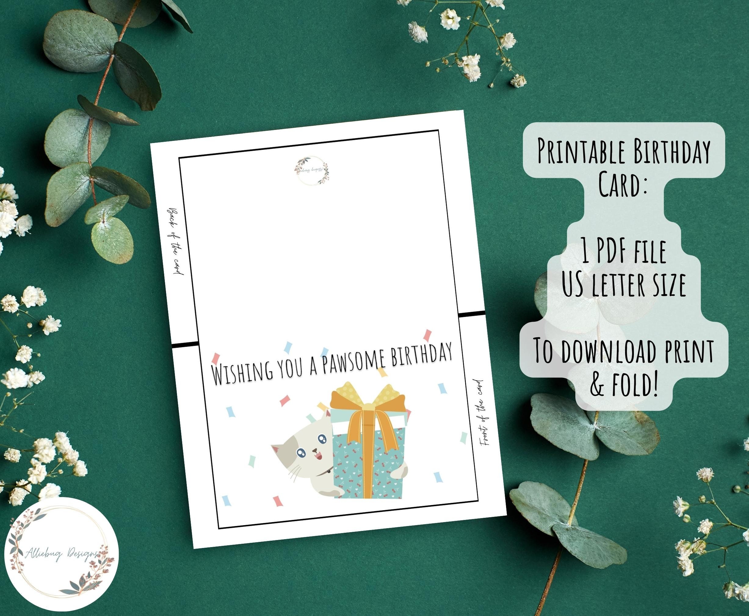 Printable Birthday Card ~ Instant Download ~ 7x5 Pawsome Birthday Cat ...