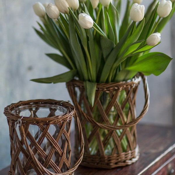 Thick Glass and Wicker Vase with Handle