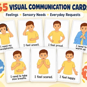 Op de afbeelding: Een set van 65 visuele communicatiekaarten met illustraties van een persoon in een geel t-shirt die verschillende emoties en behoeften uitdrukt. De kaarten bevatten tekstlabels zoals I need my headphones, I feel unwell, I feel proud, I need to warm up, I need to take slow breaths, I feel scared en I feel happy.