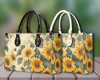 Sunflower Cottagecore Vintage Floral Leather Handbag Luxury Women's Leather Handbag - Gift for Mom Sister Gift for Her Wife Vegan Leather
