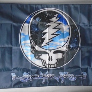 May include: A navy blue flag featuring a skull with a lightning bolt and a celestial background. The flag has the words "Spread Your Wings" in a stylized font. The flag is rectangular with a white border.
