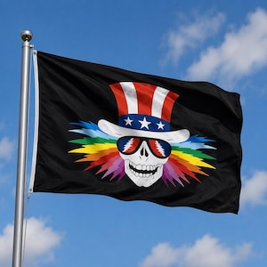 May include: Black flag with a skull wearing sunglasses, a top hat with red and white stripes and blue stars, and a rainbow-colored design. The flag is waving in the wind against a blue sky.