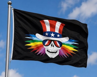 Grateful Dead Inspired Skull Flag 3x5 – Rainbow Uncle Sam Skull Banner – Psychedelic Music Festival Wall Decor – Deadhead Outdoor Flag