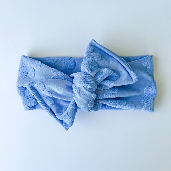 Blue daisy tie on headwrap, baby girl headband, newborn headband, toddler girl headwrap, baby top knot bows