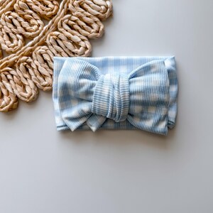 Oversized baby blue gingham baby girl headwrap, patriotic baby headband, oversized baby bows, newborn baby headband