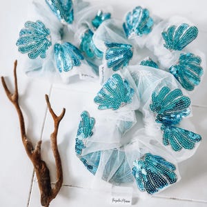 Sequin seashell scrunchie, oversized scrunchie, beach girl scrunchie