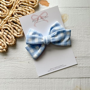 Blue gingham pinwheel bow, medium pinwheel bow, little girl hair bow clip, toddler hair bow clips
