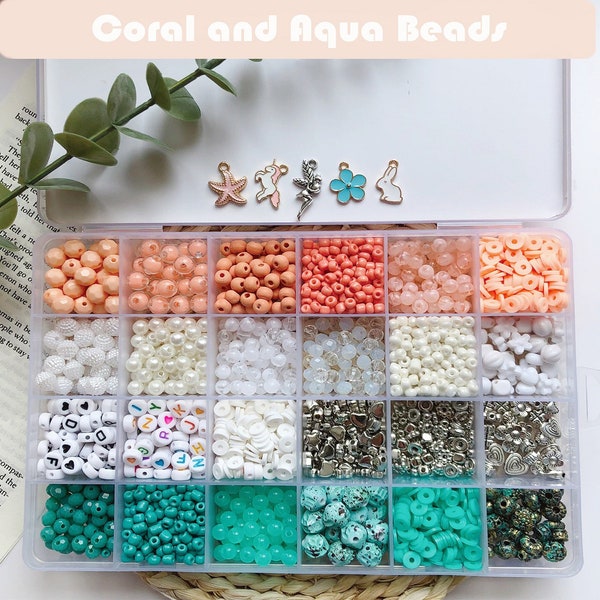 Turquoise and Coral Bracelet Making kit- DIY Stretchy Bracelet Beads kit, Creative Beads Activity Box, Friendship Bracelets