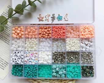 Turquoise & Coral Bracelet Making Kit. DIY Jewelry Beads, Alphabet Beads, friendship Bracelets with 5 Pendants, Christmas Gift for Girls