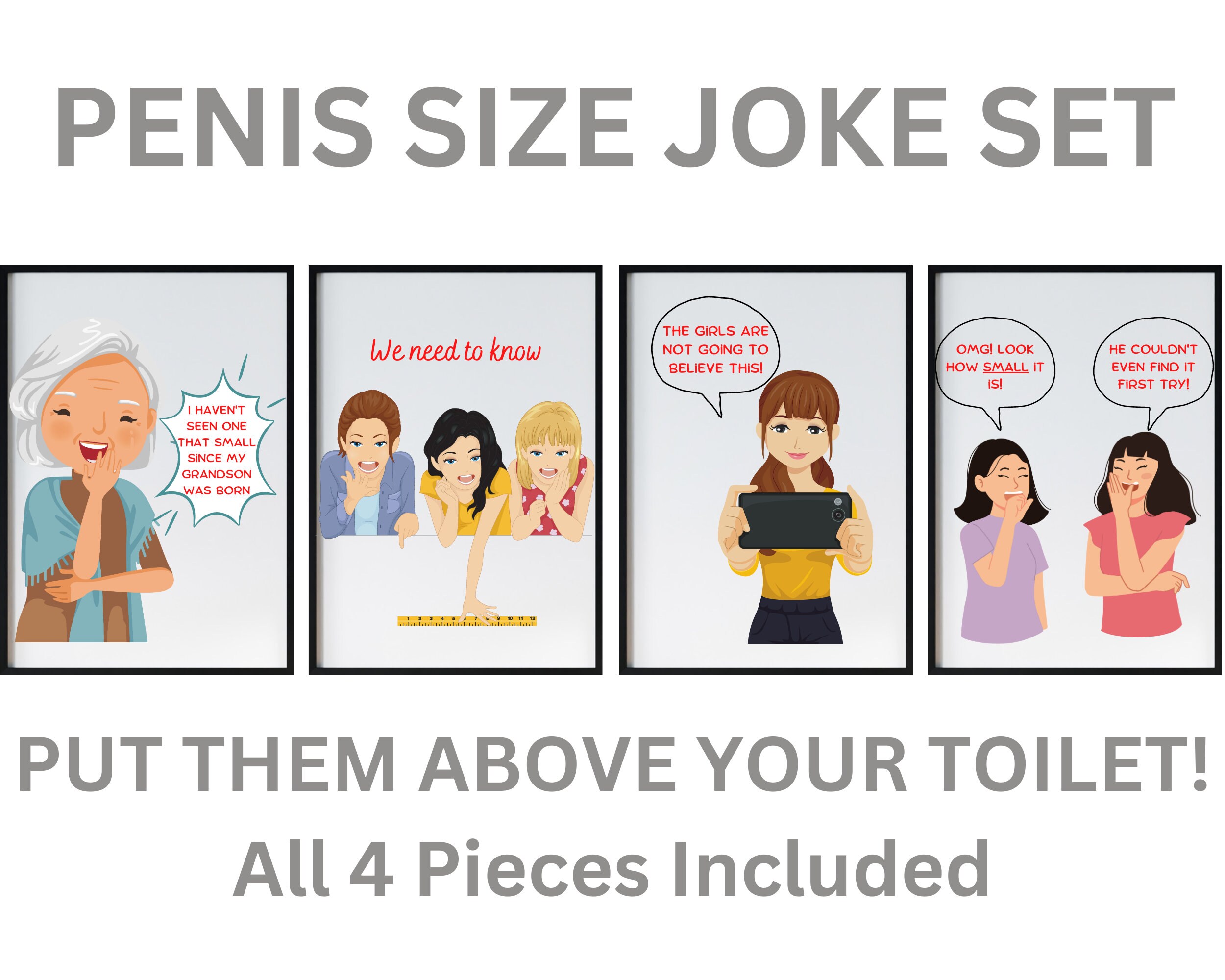 Penis Size Joke Set Funny Bathroom Decor Bathroom Humor Wall Art 