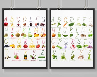Fruit Alphabet, Vegetable Alphabet, Montessori Classroom Decor, Education Room Wall Art