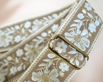 Personalized Embroidered Floral Guitar Strap, Khaki Color, Adjustable for Acoustic/Electric Guitar, Gift for Musicians, Birthday Gift