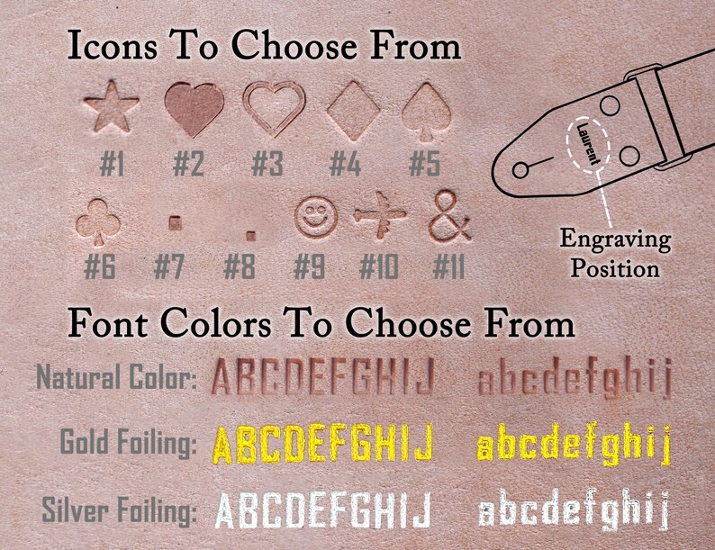 Puede incluir: Primer plano de una superficie de cuero marr&oacute;n claro con opciones de grabado. La imagen muestra varios iconos, incluyendo una estrella, un coraz&oacute;n y una pica, junto con opciones de color de fuente en natural, dorado y plateado. El texto dice "Iconos para elegir" y "Colores de fuente para elegir".