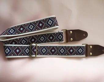 Ethnic Design Guitar Strap, Custom Guitar Strap with Name, Leather Ended Guitar Accessory, Personalized Guitar Strap, Guitarists Gift