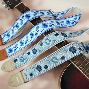 Blue Floral Embroidered Guitar Strap, Genuine Leather Tips with Name, Adjustable Strap for Acoustic/Electric Guitar, Handmade Guitar Strap