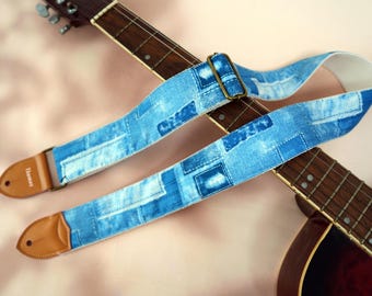 Pasek do gitary z denimu w patchworku, niestandardowy pasek do gitary, pasek na ramię do gitary basowej, pasek do gitary akustycznej, pasek do instrumentu, prezent urodzinowy