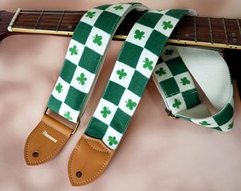 Checkered Guitar Strap with Clover Patterns, Custom Guitar Strap with Name, Lucky Guitar Strap, Floral Style for Guitar Lovers