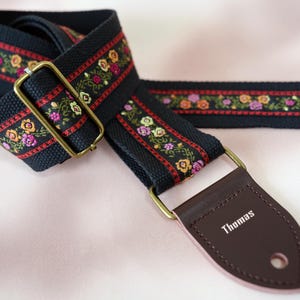 Exquisite Embroidered Floral Guitar Strap, Genuine Leather Tips with Name, Adjustable Strap for Acoustic/Electric Guitar