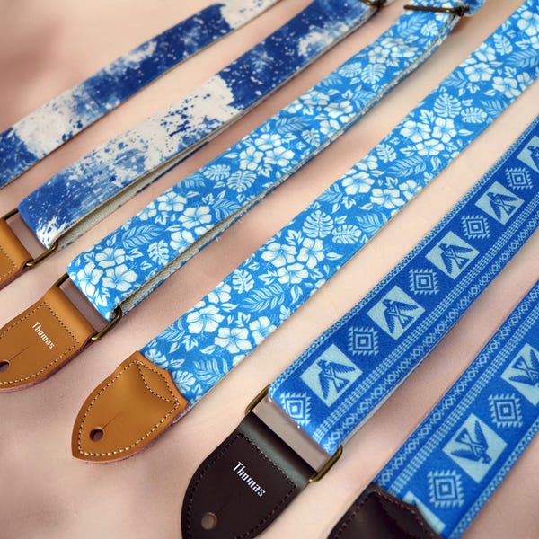 Blue Theme Guitar Strap, Comfortable Velvet Strap, Custom Strap for Electric, Acoustic or Bass Guitars, Guitarist Gift