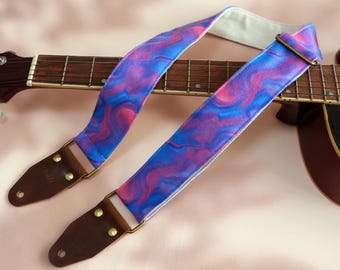 Vibrant Abstract Pattern Guitar Strap, Custom Genuine Leather Tips with Name, Velvet Guitar Strap, Comfortable Wear, Guitarist Gift