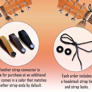 Puede incluir: Tres extremos de correa de guitarra de cuero en marr&oacute;n, beige y negro con botones met&aacute;licos negros. Un corbat&iacute;n de correa de guitarra negro con dos cierres de correa negros.