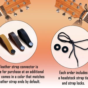 Puede incluir: Imagen que muestra accesorios para guitarra: conectores de correa de cuero en beige, marr&oacute;n y negro, adem&aacute;s de una corbata para la cabeza y cierres de correa. El texto indica que los conectores vienen en colores a juego.