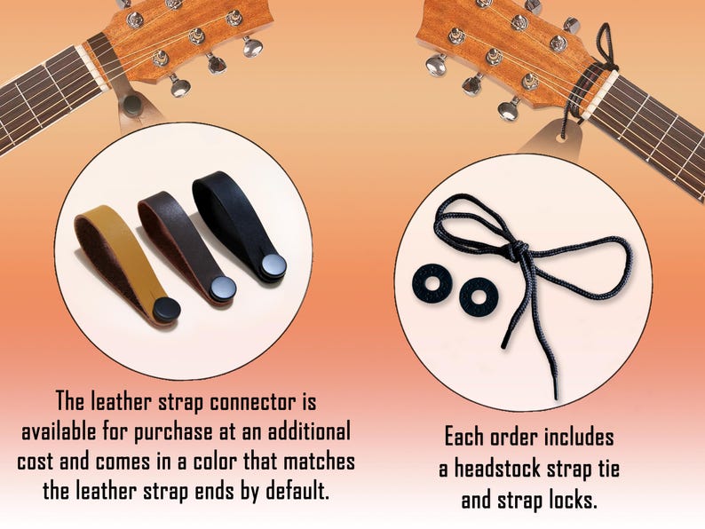 Puede incluir: Imagen que muestra accesorios para guitarra: conectores de correa de cuero en beige, marr&oacute;n y negro, adem&aacute;s de una corbata para la cabeza y cierres de correa. El texto indica que los conectores vienen en colores a juego.