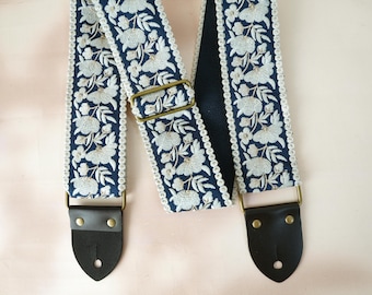 Embroidered Guitar Strap with Floral Pattern, Navy Blue Genuine Leather Tips with Name, Adjustable Strap for Acoustic/Electric Guitar